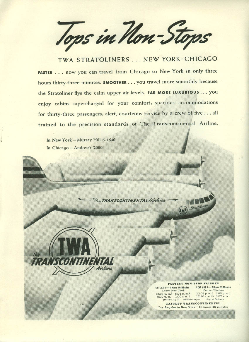 Tops in Non-Stops TWA Transcontinental Airline Stratoliner ad 1940