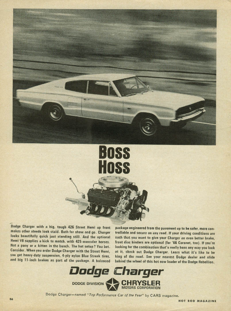 Boss Hoss - Dodge Charger 426 Street Hemi ad 1966 HR