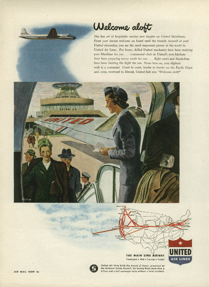 Welcome aloft United Air Lines Mainliner ad 1947 NY stewardess greets