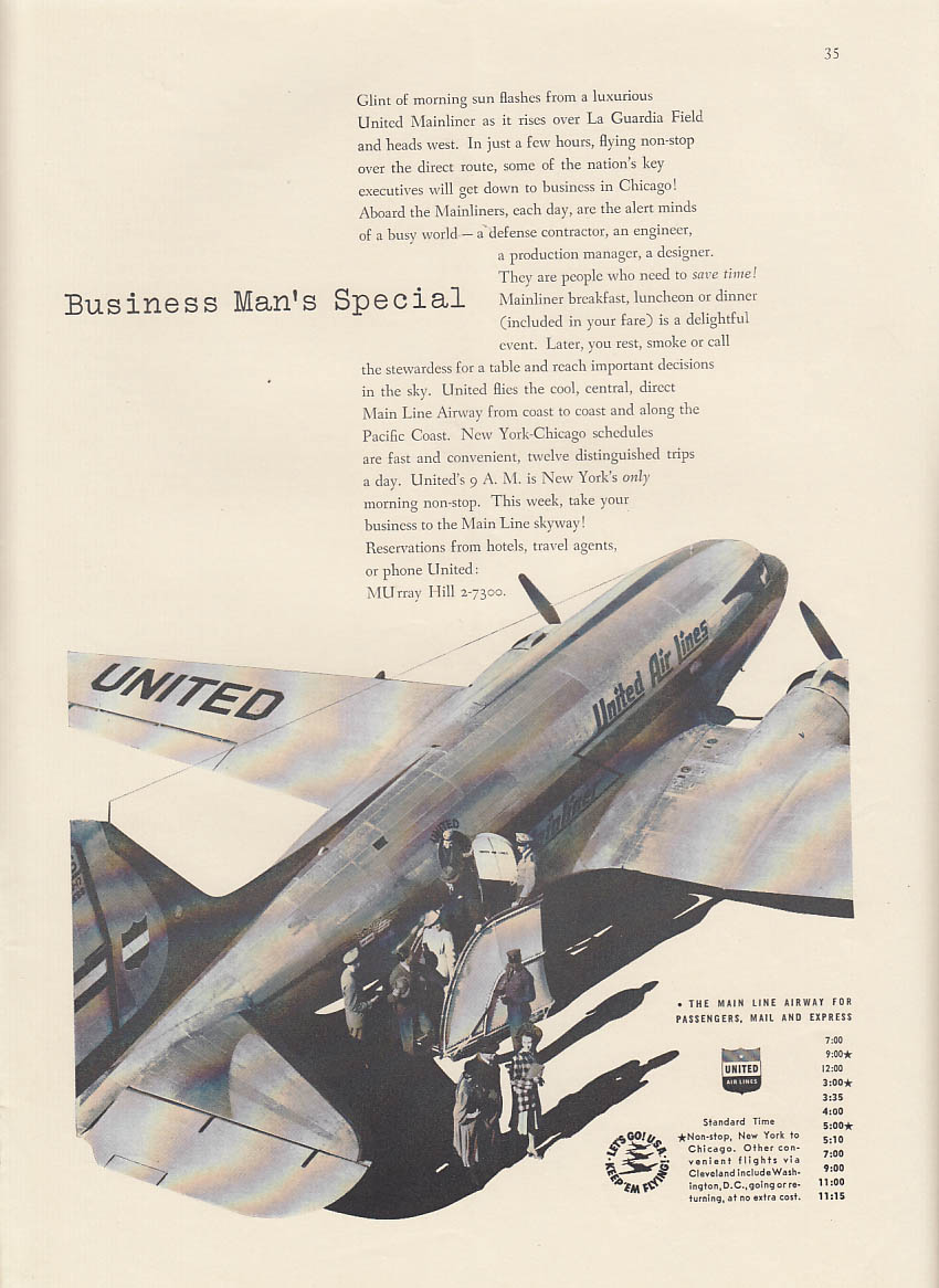 Business Man's Special United Air Lines DC-3 La Guardia ad 1941 NY