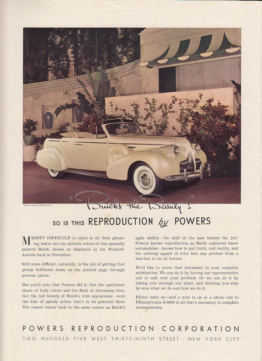 Buick's the Beauty Buick Convertible Sedan Powers Reproduction ad 1939