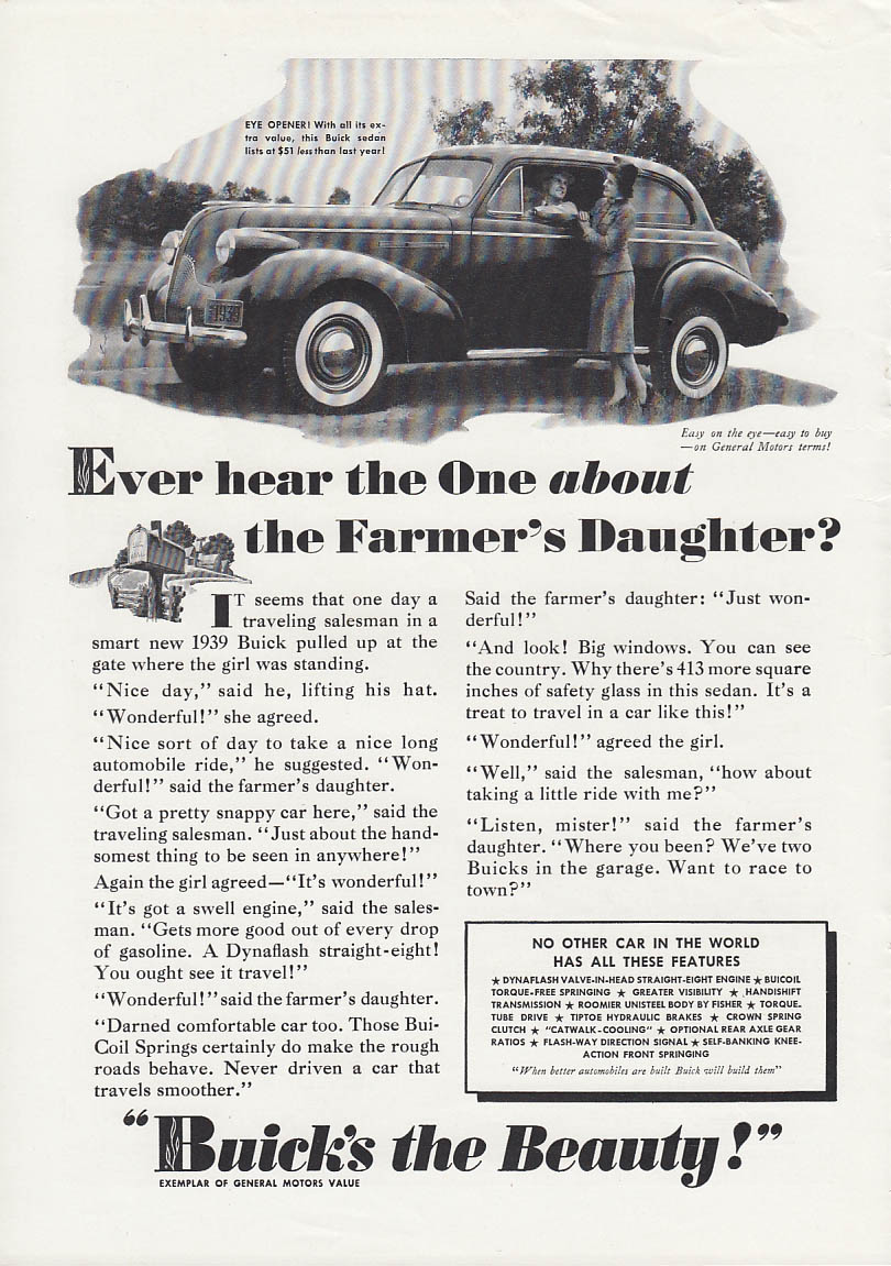 Ever hear the One about the Farmer's Daughter? Buick 2-dr Sedan ad 1939 T