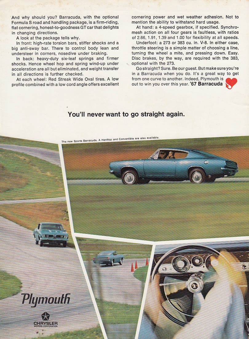 You'll never want to go straight again Plymouth Barracuda ad 1967