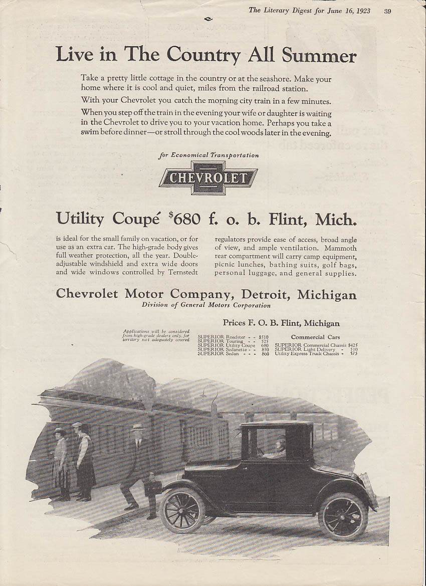 Live in The Country All Summer Chevrolet Utility Coupe ad 1923