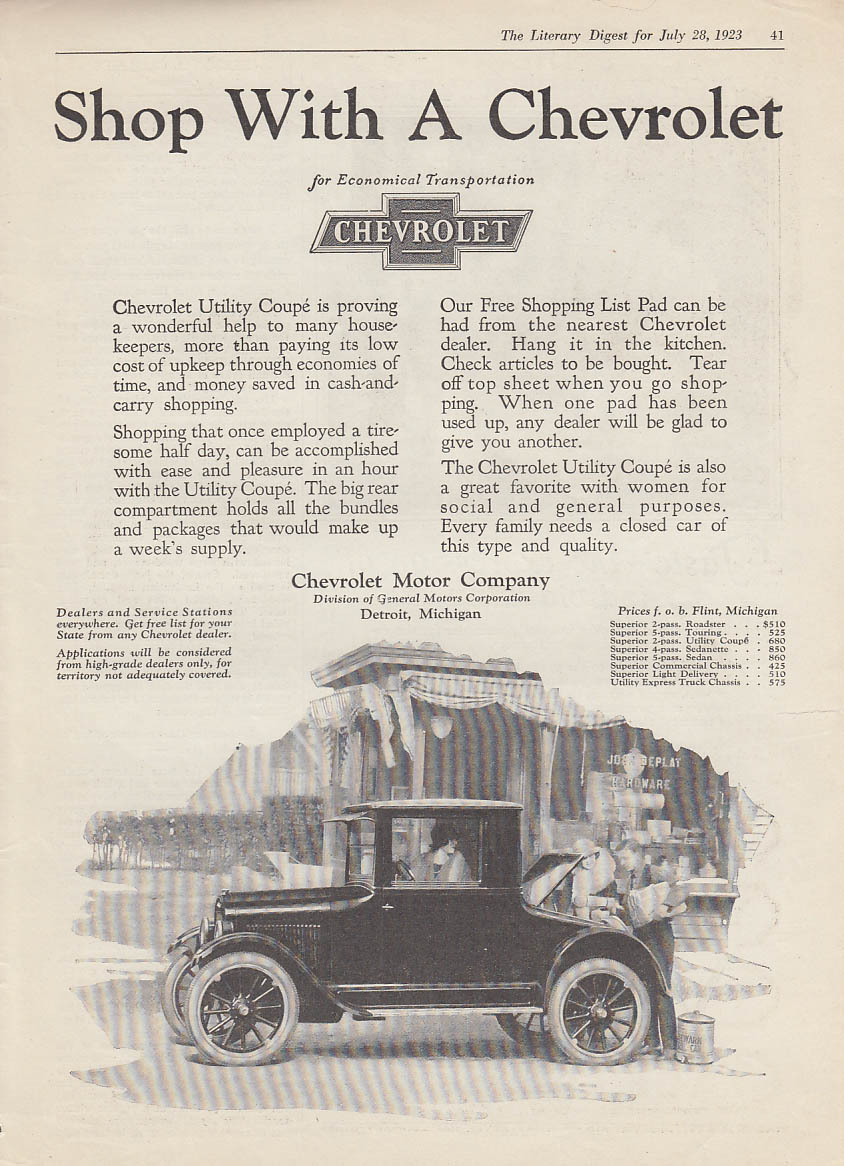 Shop With a Chevrolet Utility Coupe ad 1923 Help to housekeepers