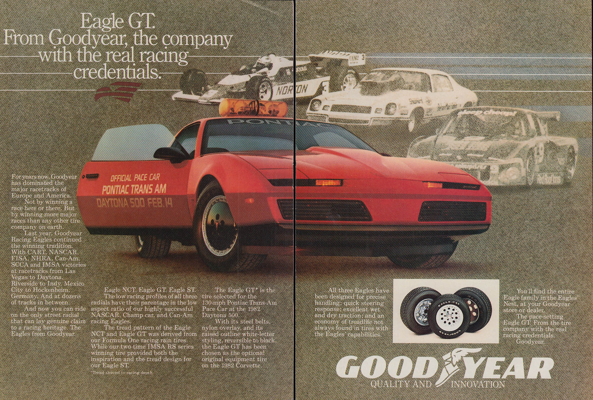 Daytona 500 Pontiac Trans Am Pace Car Goodyear Eagle GT Tires ad 1982 CD