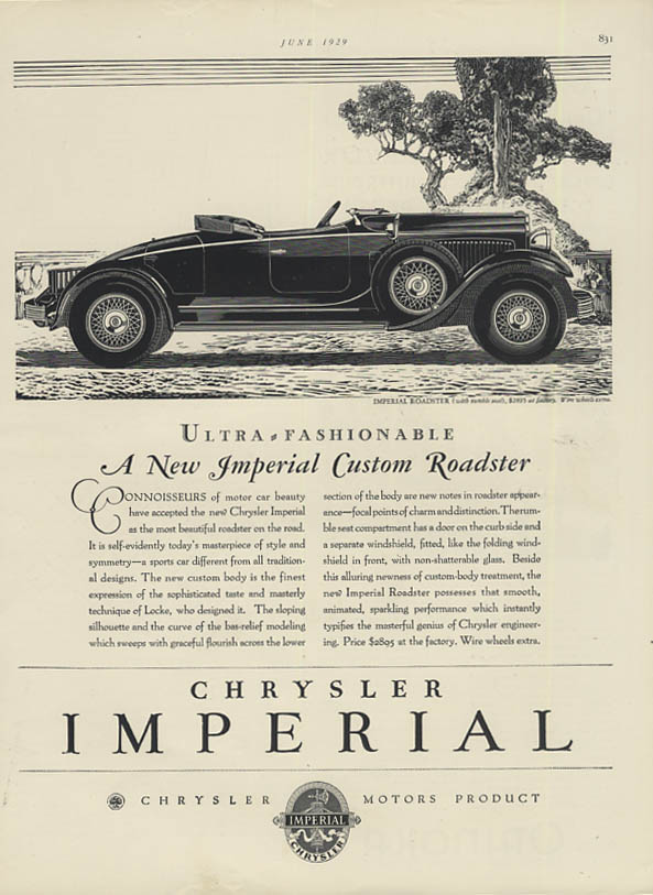 Ultra-Fashionable Chrysler Imperial Custom Roadster ad 1929 HB