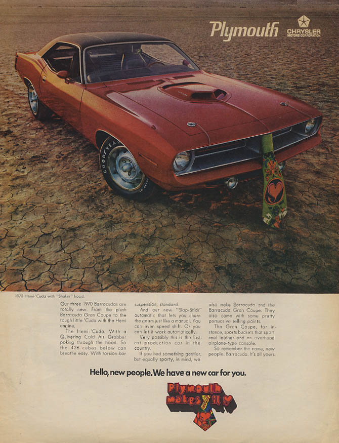 Hello, new people. We have a new car for you Plymouth Hemi-Cuda ad 1970 v