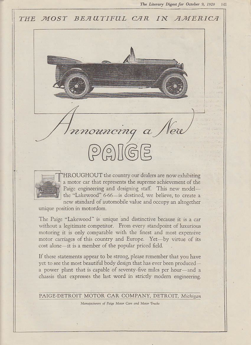 Announcing a New Paige Lakewood Touring Car ad 1920 LD 1921