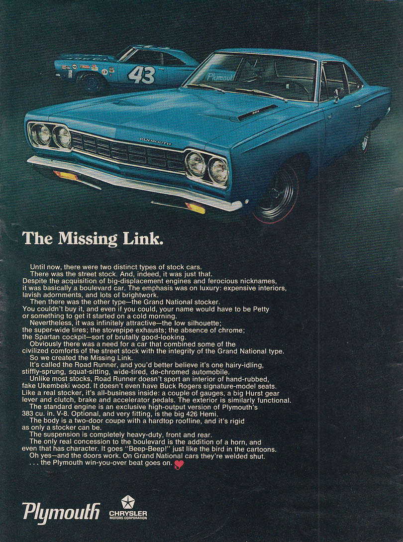 The Missing Link. Plymouth Road Runner ad 1968 C&D Petty #43