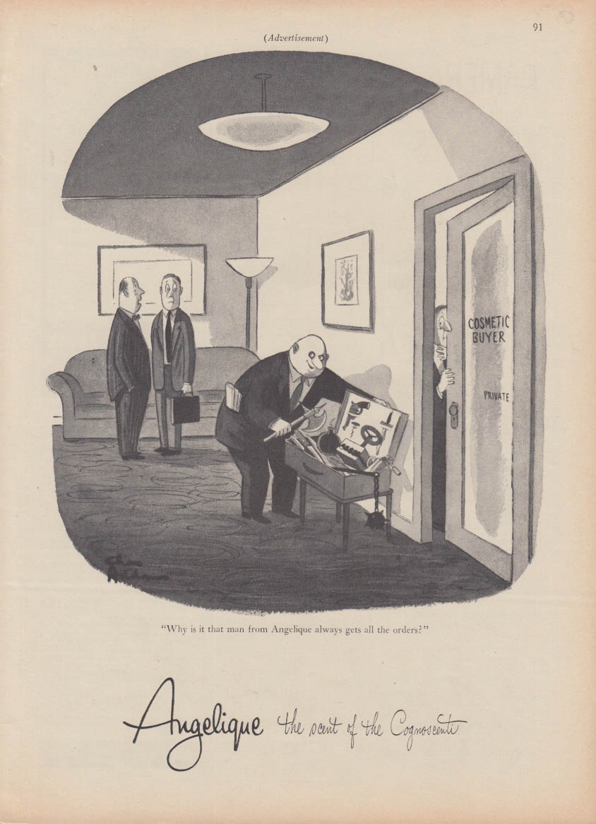 Angelique perfume ad 1956 Charles Addams illustration