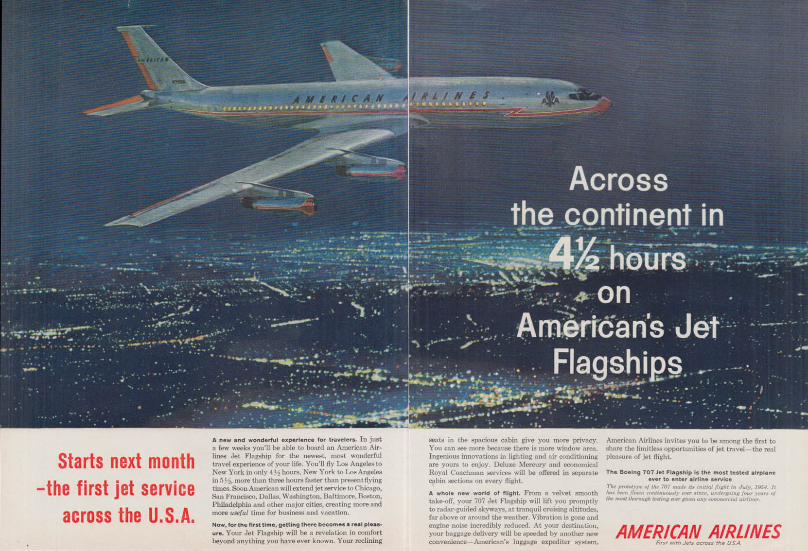 Across the continent in 4 1/2 hours American Airlines Boeing 707 ad 1958 NY