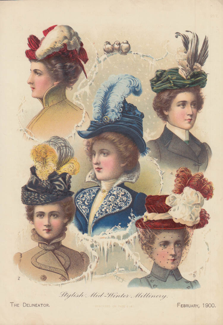 Delineator Stylish Mid-Winter Millinery ladies hats color plate ad 2 1900