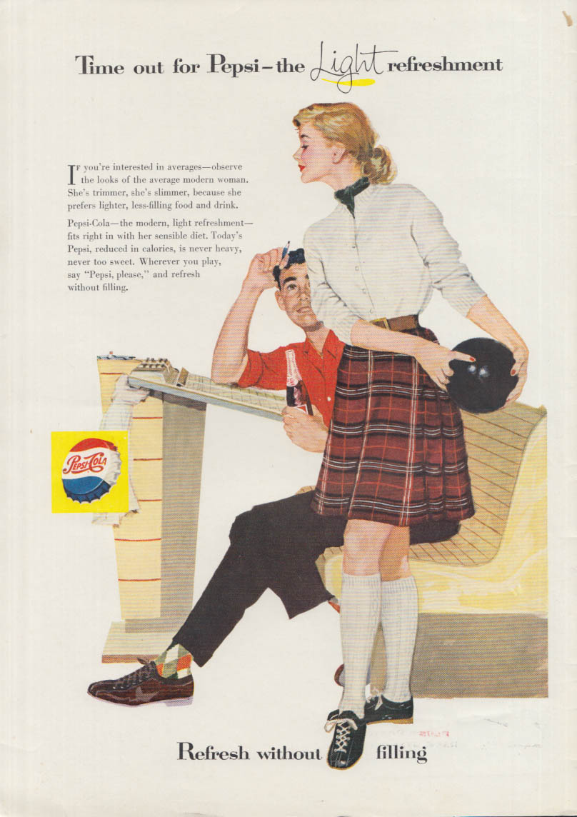 Time out for Pepsi-Cola ad 1957 bowling girl in kneesocks