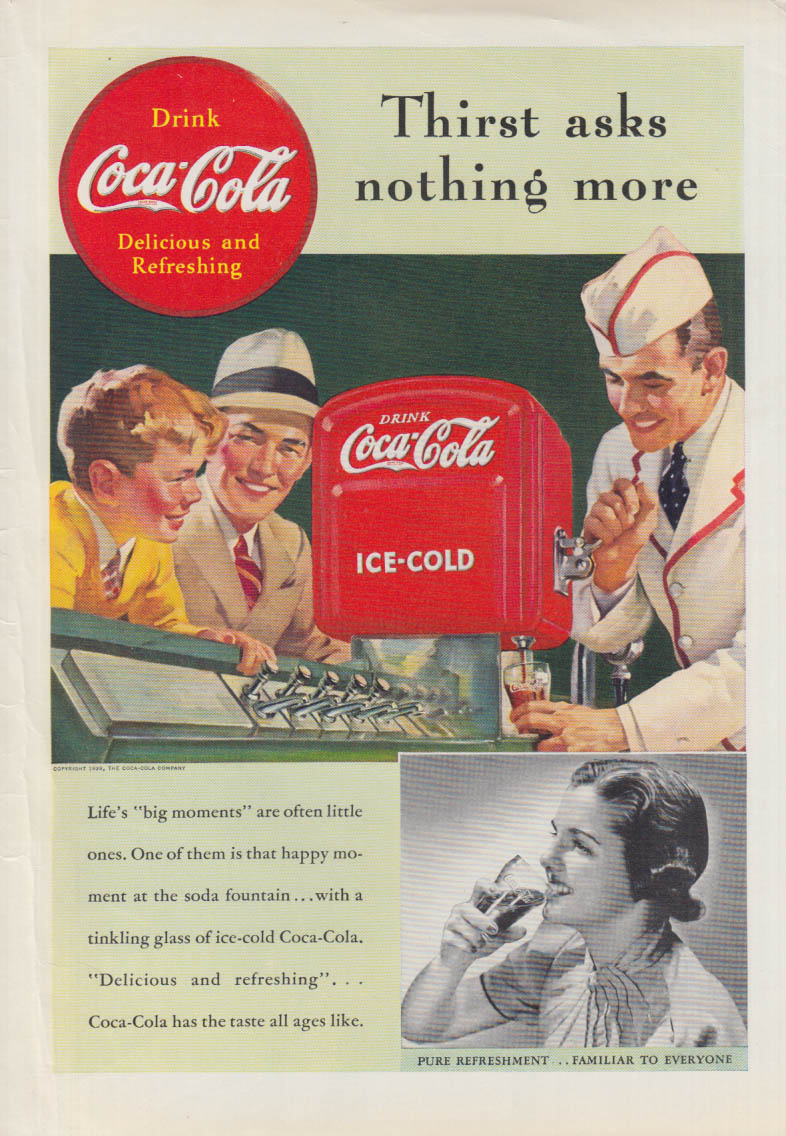 Thirst asks nothing more Coca-Cola ad 1939 father & son at counter T