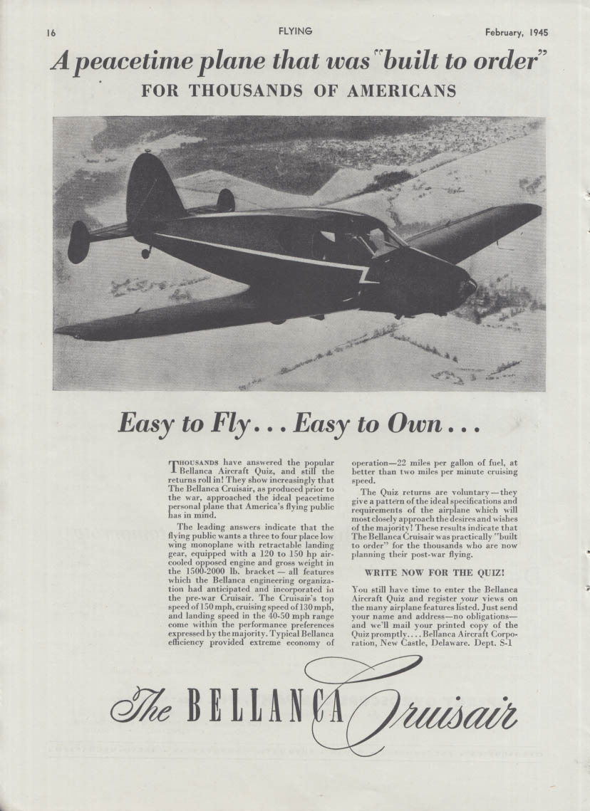 A peacetime plane that was bult to order Bellanca Cruisair ad 1945