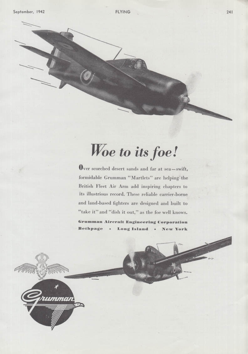 Woe to its foe! Grumman RAF Martlet [aka F4F wildcat in USAAF] ad 1942