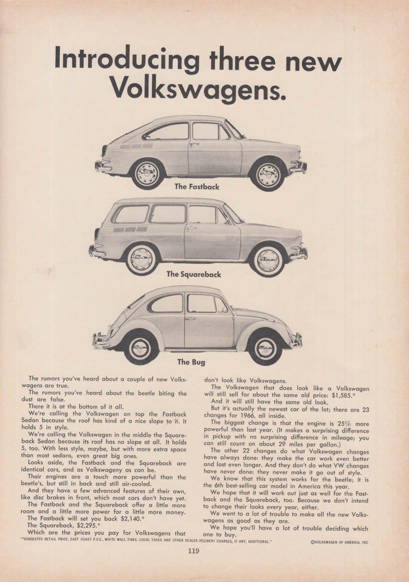 Introducing three new Volkswagens - Fastback Squareback Bug ad 1966