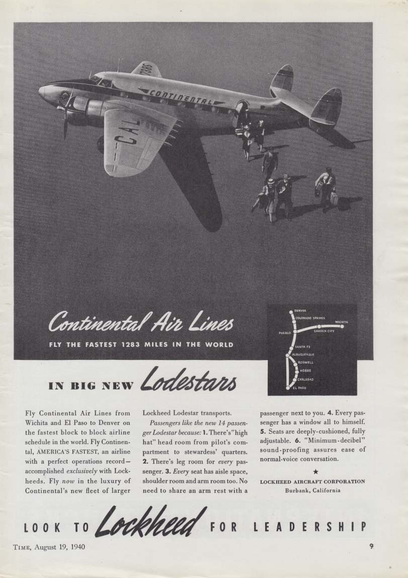 Continental Air Lines in big new Lockheed Lodestars ad 1940