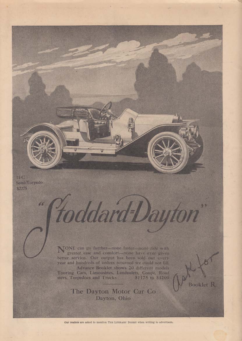 Stoddard-Dayton 11-C Semi-Torpedo Roadster $2275 ad 1911