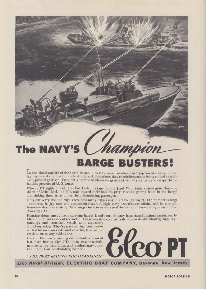 The Navy's Champion Barge Busters Elco Electric Boat PT Boat ad 1944 MB