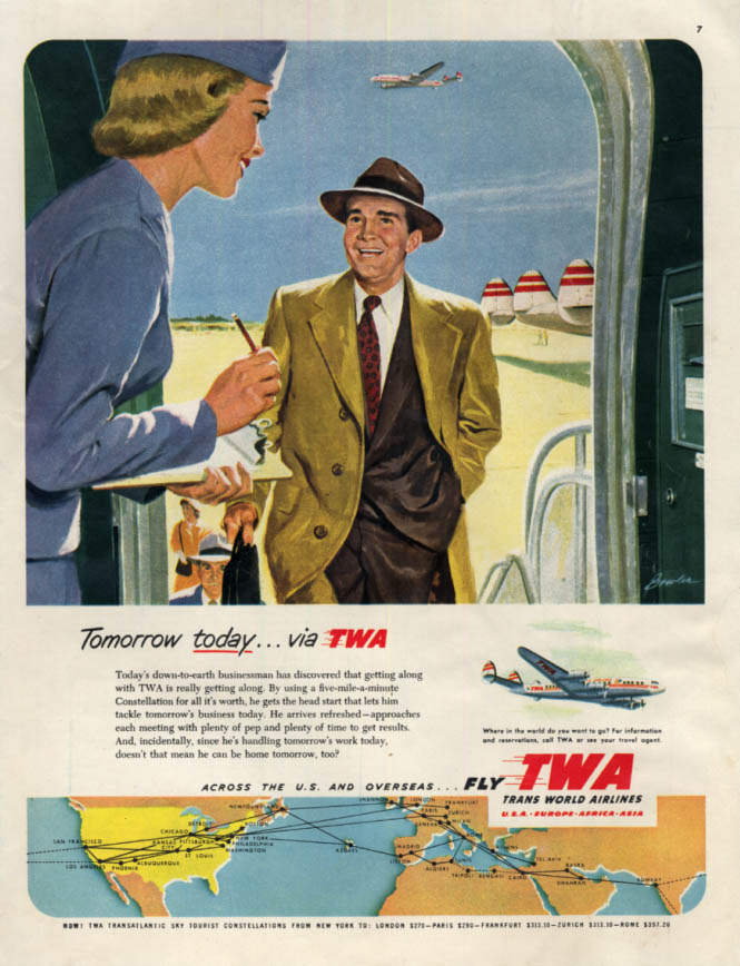 Tomorrow today via TWA Trans World Airlines Constellation ad 1952 Col