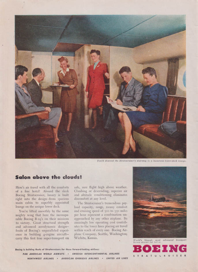 Salon above the clouds! Boeing Stratocruiser lower deck lounge ad 1946 Nwk