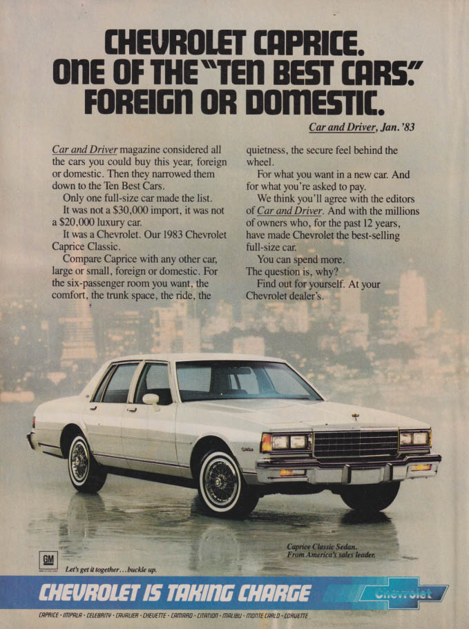 One of the Ten Best Foreign or Domestic: Chevrolet Caprice ad 1983 SI