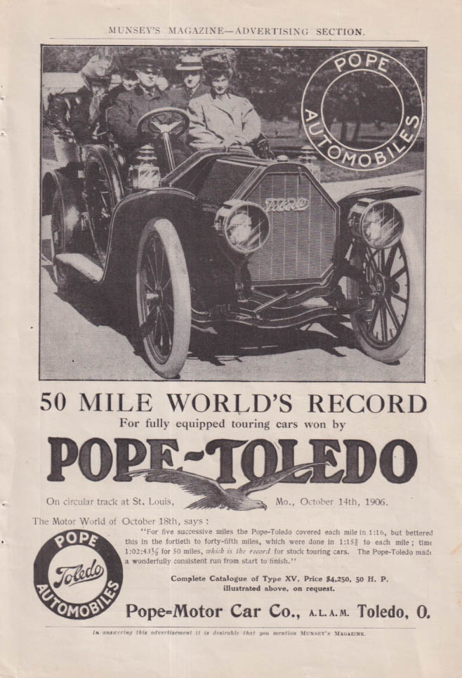 50-mile World's Record St Louis 1906: Pope-Toledo Touring Car ad 1907