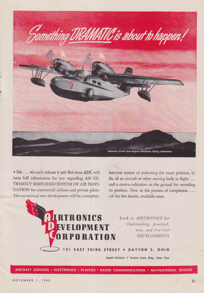 Something Dramatic is about to happen! Grumman G-44 Airtronics Lab ad 1945