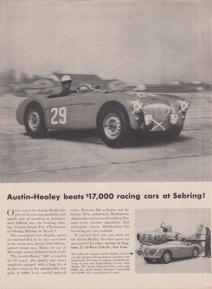 Austin-Healey 100-6 beats $17,000 racing cars at Sebring! Ad 1954 NY