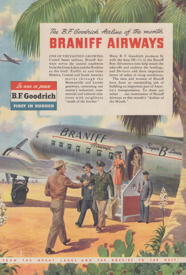 Braniff Airways Douglas DC-3 Super B Liner B F Goodrich ad 1945