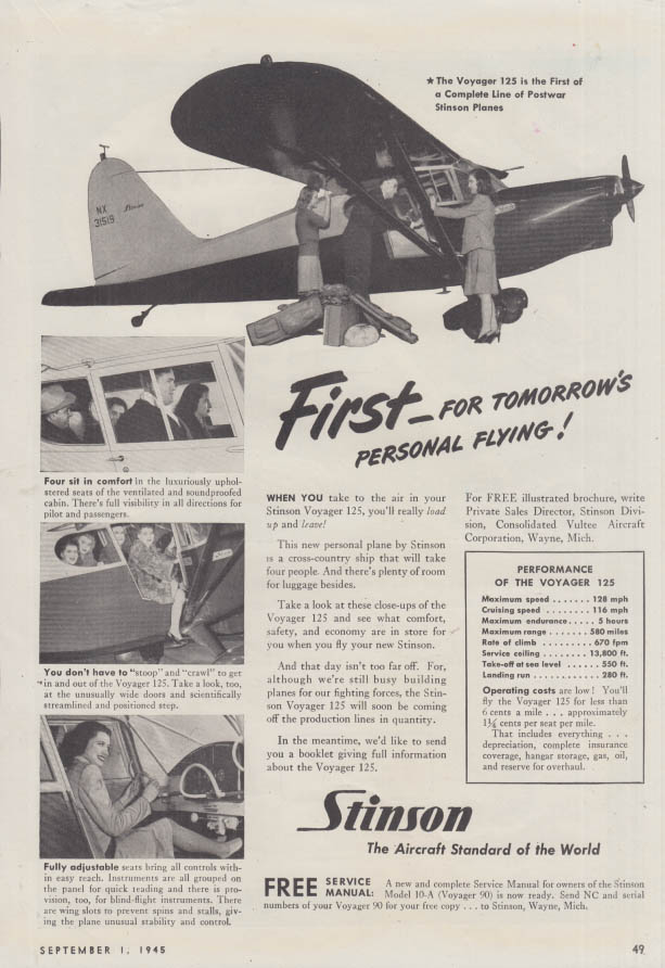 First for tomorrow's personal flying! Stinson Voyager 125 ad 1945