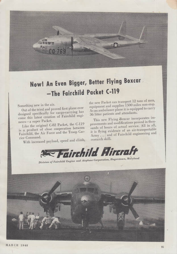 An even bigger better flying boxcar Fairchild C-119 Packet ad 1948