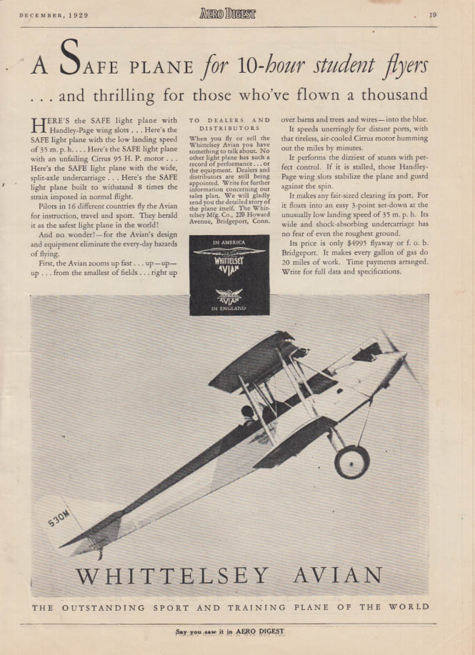 A safe plane for 10-hour student flyers Whittelsey Avian Biplane ad 1929