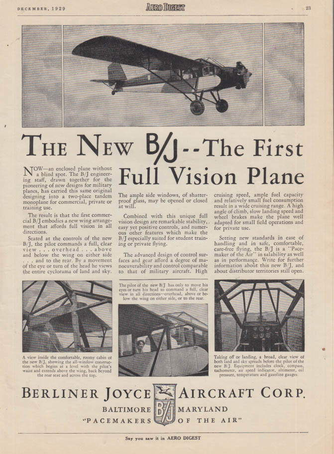 The New Berliner Joyce B/J 1st Full Vision Monoplane ad 1929