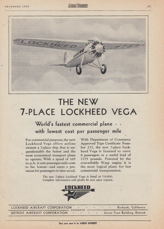 The New 7-Place Lockheed Vega Monoplane ad 1929