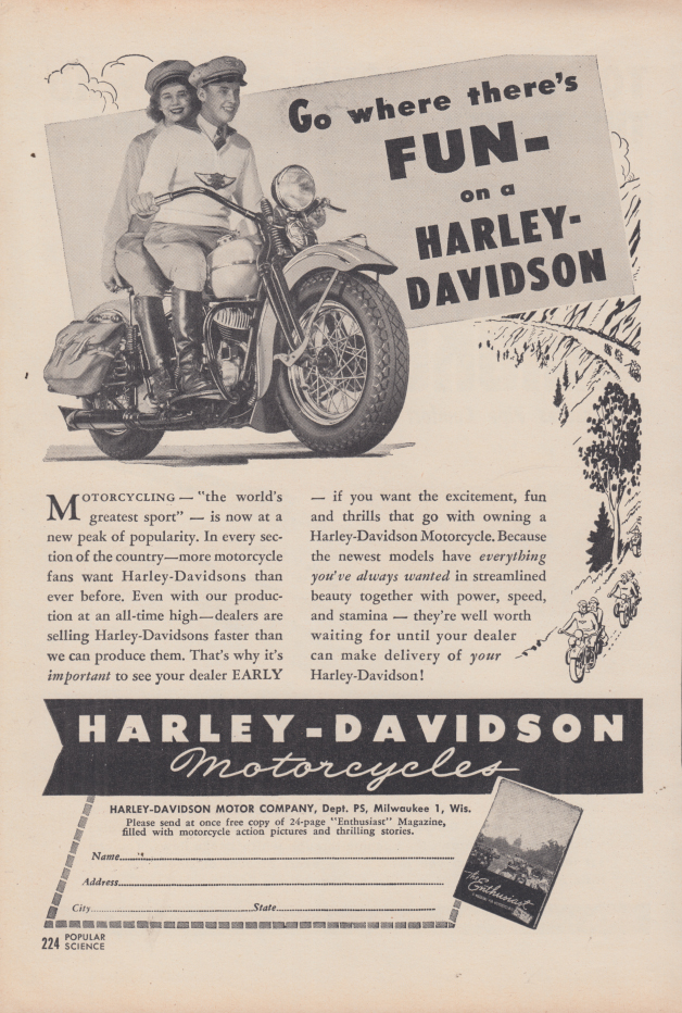 Go where there's fun - on a Harley-Davidson Motorcycle ad 1946