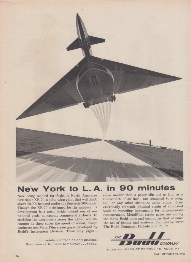 New York to LA in 90 minutes North American XB-70 Budd Company ad 1963 T