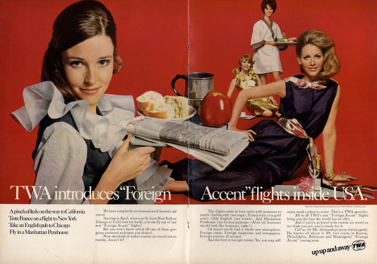 TWA introduces Foreign Accent flights inside USA stewardesses ad 1968