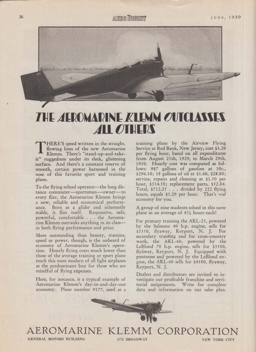 Outclases all others - The Aeromarine Klemm Monoplane ad 1930