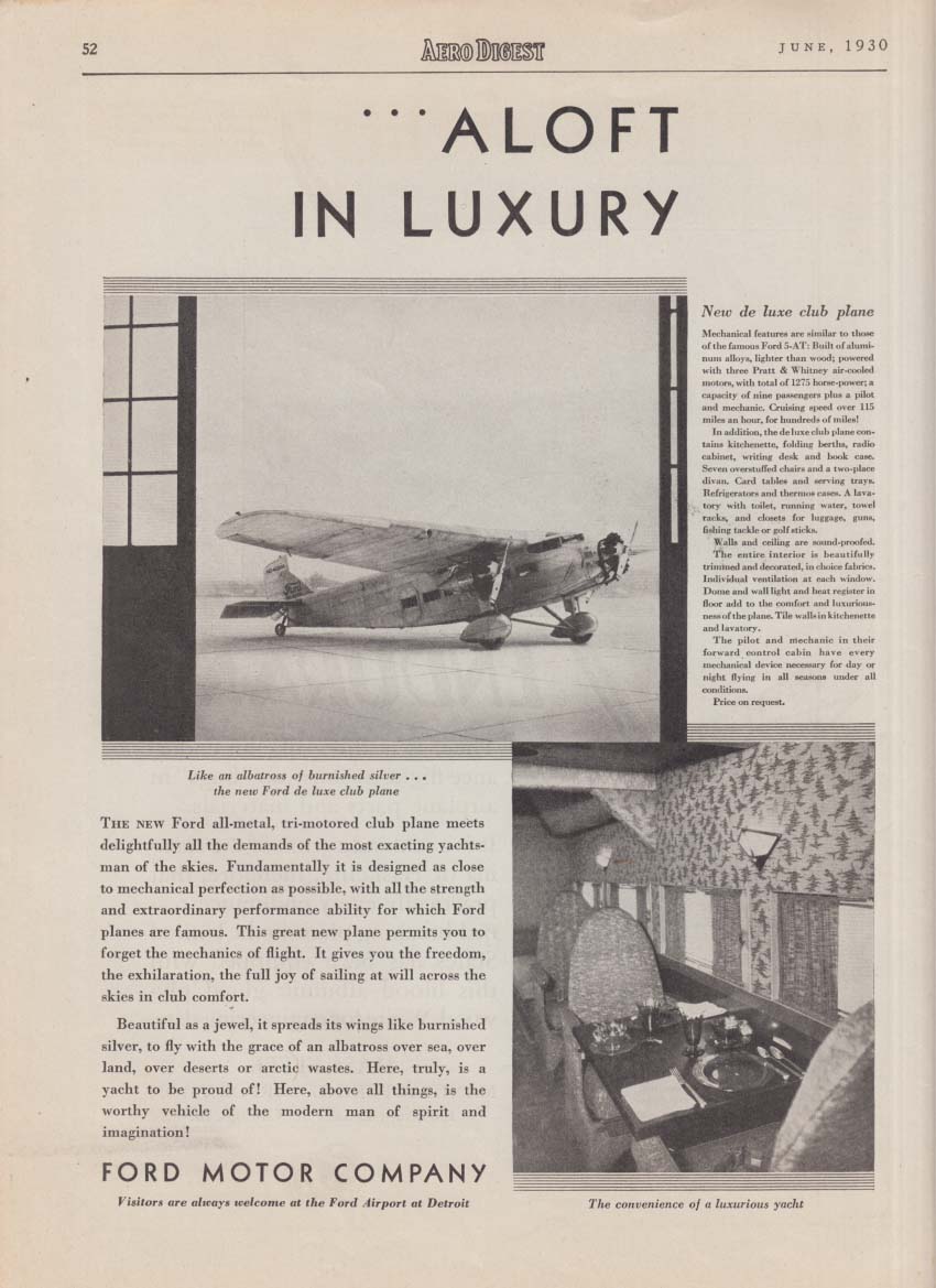 Aloft in Luxury - The Ford Tri-Motor ad 1930