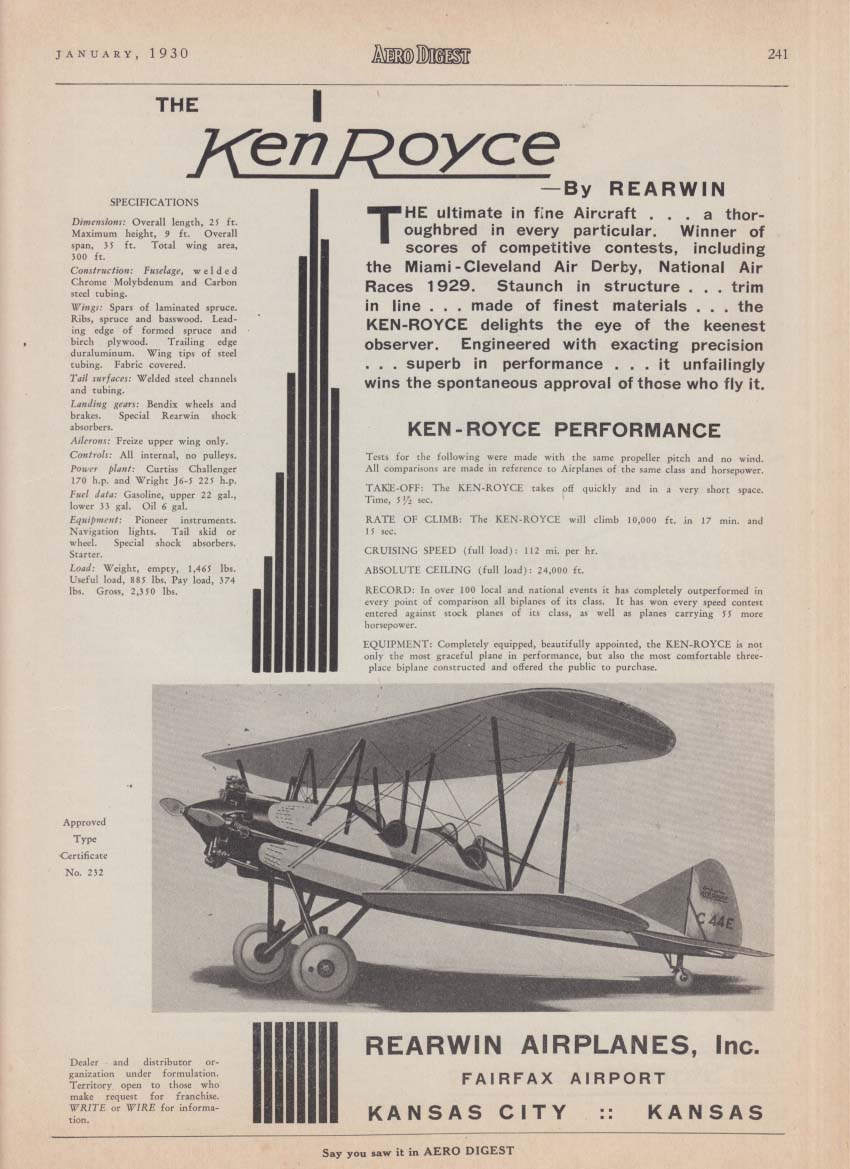 The ultimate in fine aircraft Rearwin Ken-Royce Biplane ad 1930