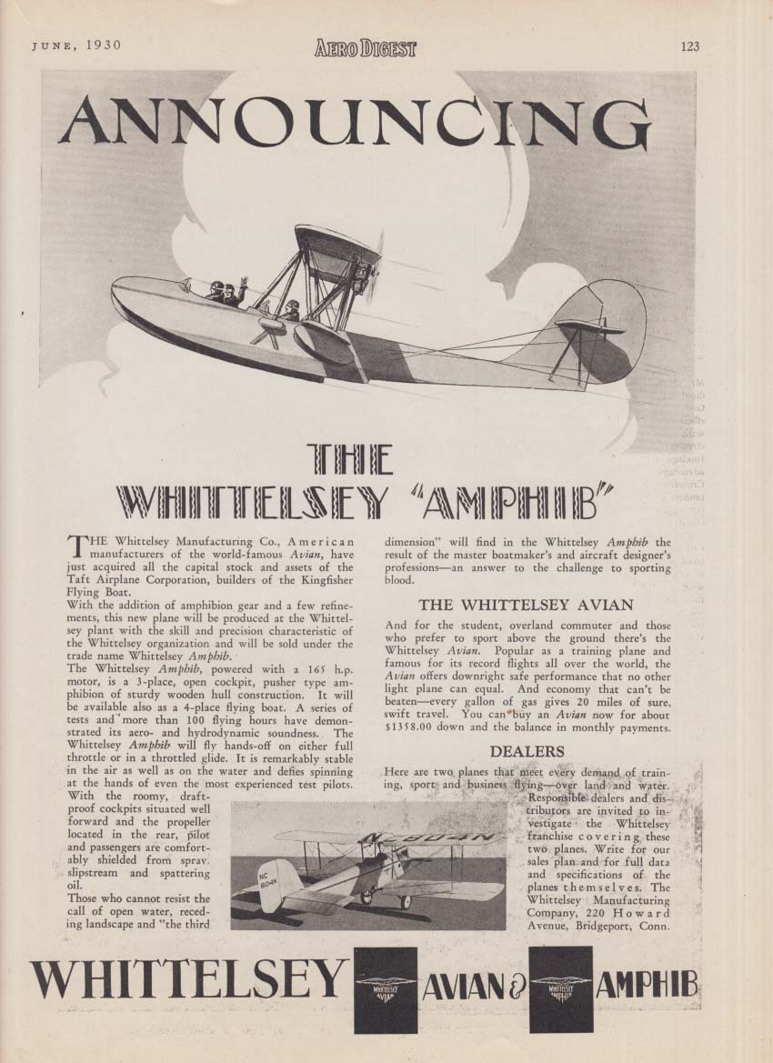 Announcing the Whittelsey Amphib amphibian biplane ad 1930