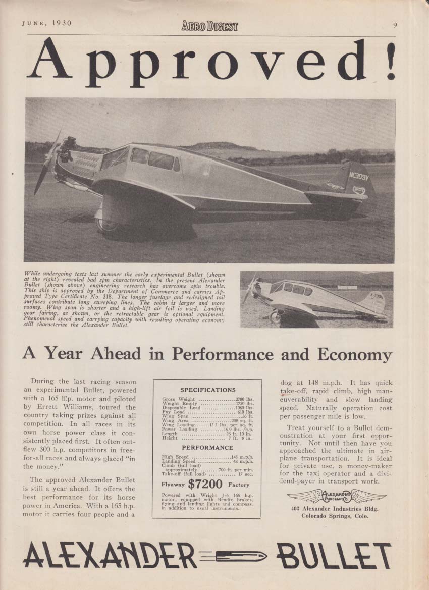 Approved! The Alexander Bullet Monoplane ad 1930