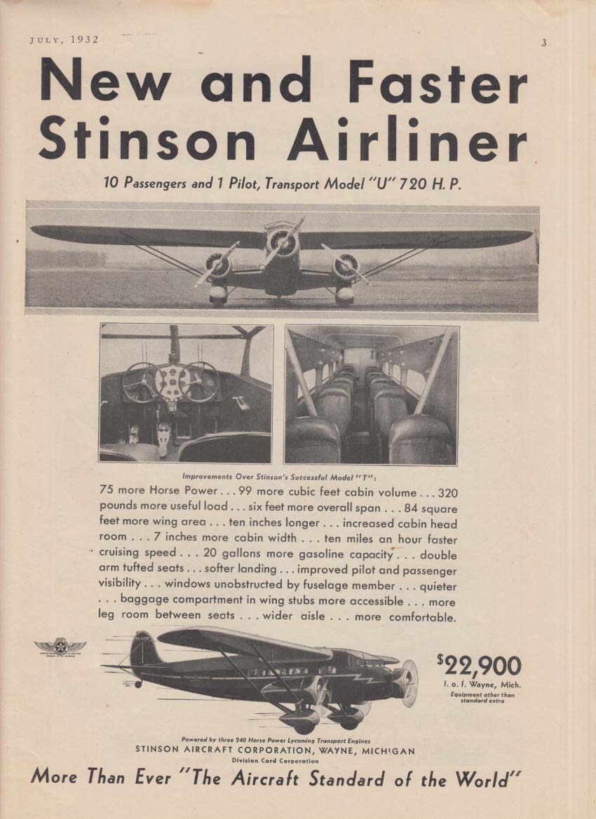 New and Faster Stinson Model U Tri-Motor Airliner ad 1932