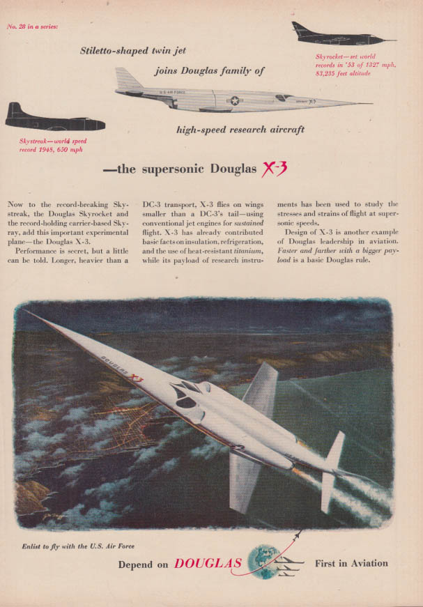 Stiletto-shaped twin jet supersonic Douglas X-3 ad 1954 NWK