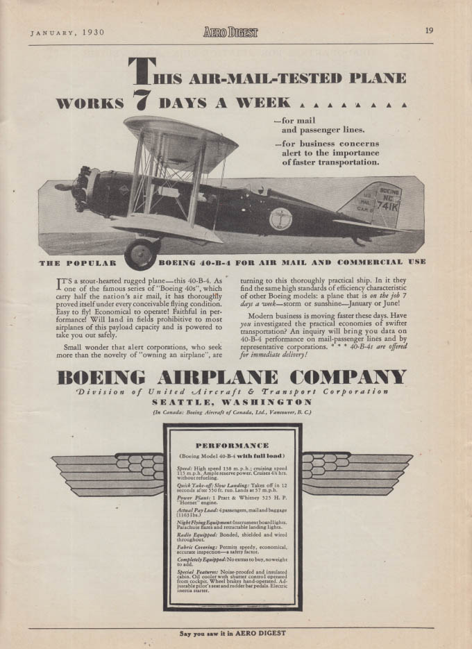 This air-mail tested plane works 7 days a week Boeing 40-B-4 Biplane ad ...