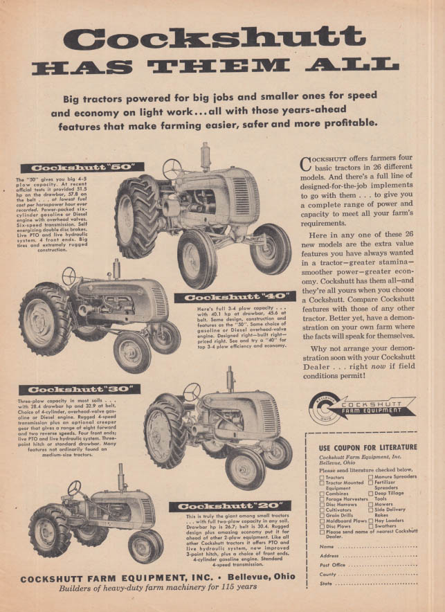 Cockshutt has them all Model 50 40 30 20 Tractors ad 1952