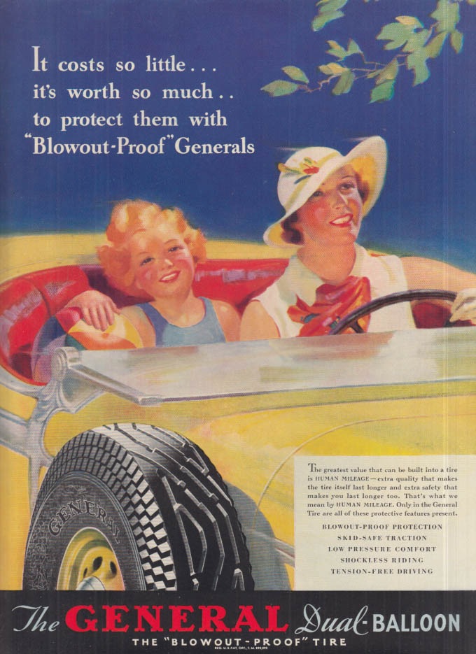 Mom & daughter in a roadster General Dual-Balloon Tires ad 1935 NY